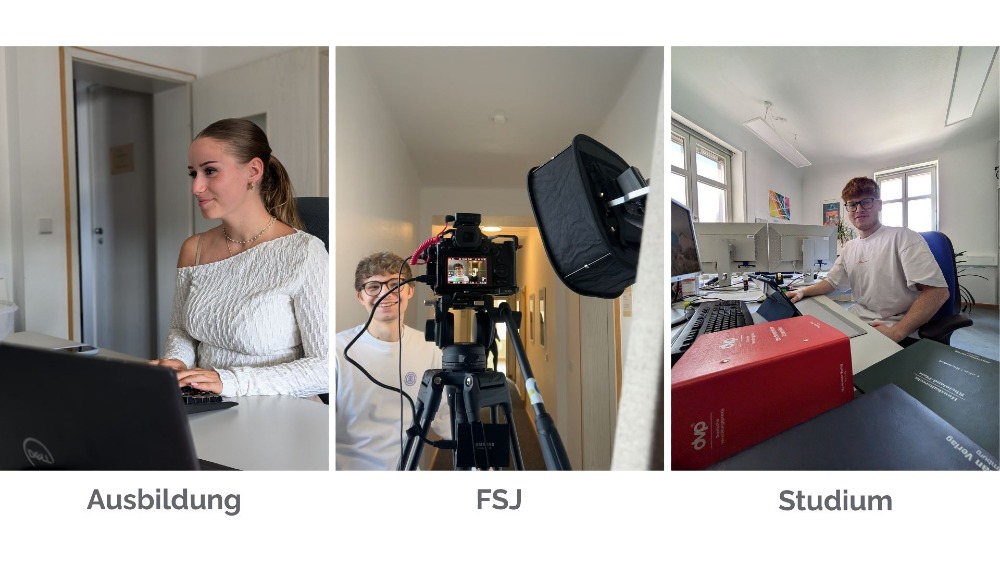 Drei Bereiche der Karrieremöglichkeiten: Auszubildende am Computer, Kameraequipment für FSJ und Studierende am Arbeitsplatz